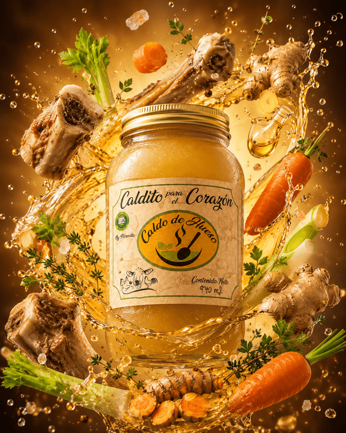 Caldo de huesos artesanal con zanahoria, apio, jengibre, cúrcuma y huesos