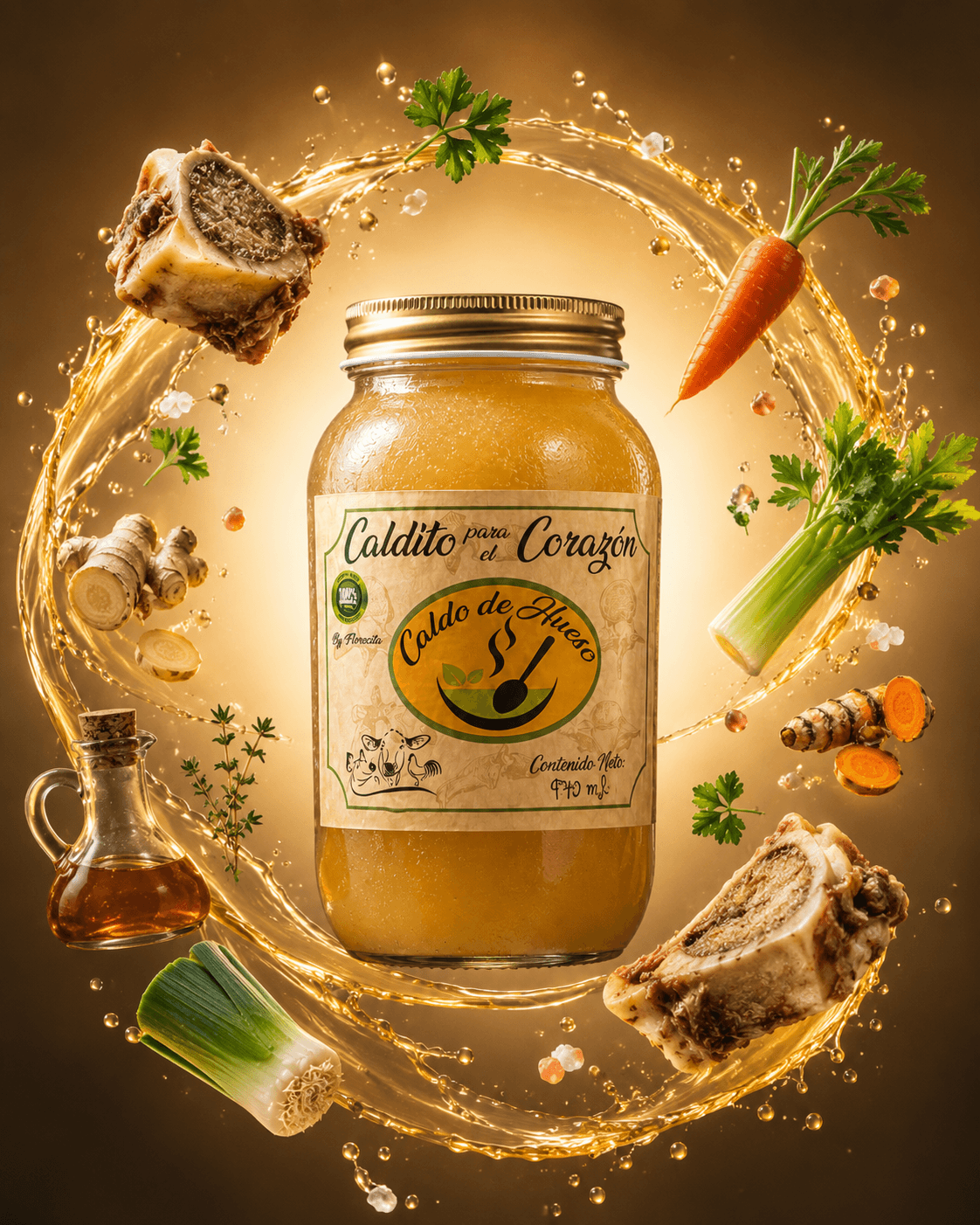 Frasco de Caldito para el Corazón rodeado de ingredientes naturales